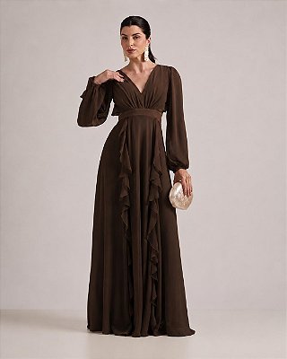 VESTIDO LONGO CHIFON MANGA LONGA RECORTE CINTURA COM BABADOS VERTICAIS MARROM