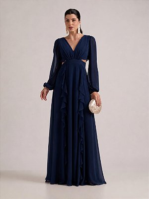 VESTIDO LONGO CHIFON MANGA LONGA RECORTE CINTURA COM BABADOS VERTICAIS AZUL MARINHO