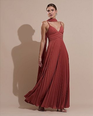 VESTIDO LONGO CHIFFON DE ALCINHA DECOTE TRES BABADOS SAIA PLISSADA TERRACOTA