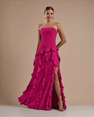 VESTIDO LONGO CHIFON TOMARA QUE CAIA COMPRIMENTO COM BABADOS VERTICAIS PINK