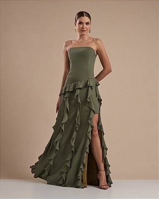 VESTIDO LONGO CHIFON TOMARA QUE CAIA COMPRIMENTO COM BABADOS VERTICAIS VERDE OLIVA