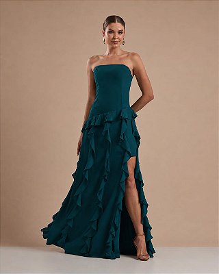 VESTIDO LONGO CHIFON TOMARA QUE CAIA COMPRIMENTO COM BABADOS VERTICAIS VERDE PETRÓLEO