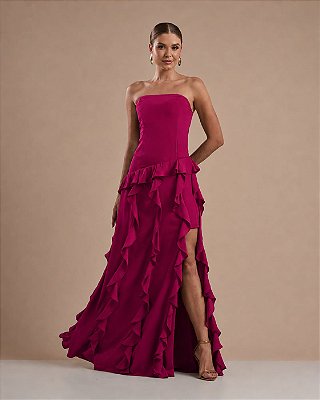 VESTIDO LONGO CHIFON TOMARA QUE CAIA COMPRIMENTO COM BABADOS VERTICAIS FÚCSIA
