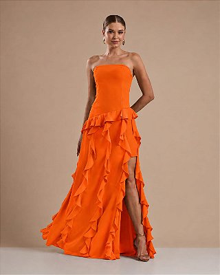 VESTIDO LONGO CHIFON TOMARA QUE CAIA COMPRIMENTO COM BABADOS VERTICAIS LARANJA
