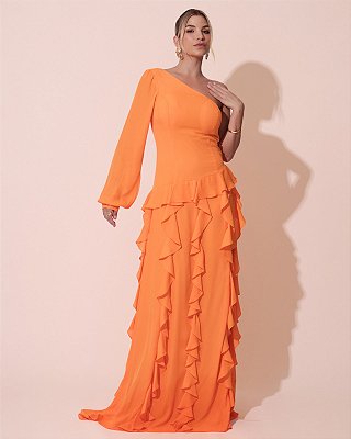 VESTIDO LONGO CREPE DE SEDA UM OMBRO SÕ MANGA LONGA BABADOS VERTICAIS NO COMPRIMENTO COM FENDA LARANJA