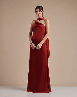 VESTIDO LONGO SEDA OMBRO SÔ ENCHARPE TERRACOTA