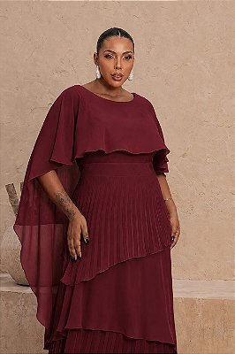 VESTIDO LONGO CHIFON MANGA CAPA  PLISSADO NO COMPRIMENTO COM CAMADAS MARSALA