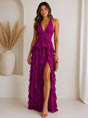 VESTIDO LONGO CREPE DE SEDA FRENTE ÚNICA COM AMARRAÇÃO FENDA LATERAL SAIA BABADOS VERTICAIS FÚCSIA