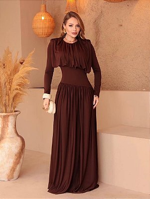 VESTIDO JERSEY M L DECOTE FECHADO COM PLISSA MARRON