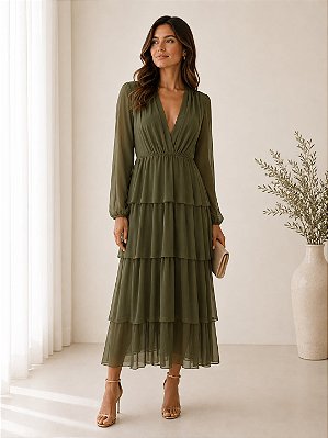 VESTIDO MIDI MANGA LONGA COM CAMADAS MICROTULLE VERDE OLIVA