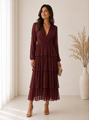 VESTIDO MIDI MANGA LONGA COM CAMADAS MICROTULLE MARSALA