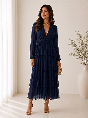 VESTIDO MIDI MANGA LONGA COM CAMADAS MICROTULLE AZUL MARINHO
