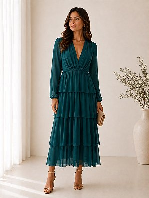 VESTIDO MIDI MANGA LONGA COM CAMADAS MICROTULLE VERDE PETROLEO