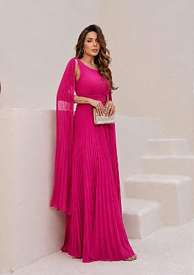 VESTIDO LONGO CHIFFON PLISSADO ACINTURADO COM MANGA CAPA DECOTE V NAS COSTAS PINK