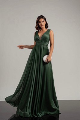 VESTIDO LONGO MICROTULLE COM ELASTANO DECOTE V DETALHE TRANÇADO BUSTO E CINTURA VERDE OLIVA