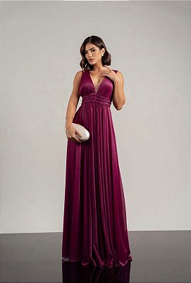VESTIDO LONGO MICROTULLE COM ELASTANO DECOTE V DETALHE TRANÇADO BUSTO E CINTURA FÚCSIA