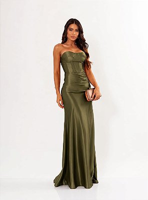 VESTIDO LONGO PRADA COM ELASTANO TOMARA QUE CAIA FENDA LATERAL VERDE OLIVA
