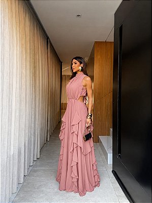 VESTIDO LONGO CHIFON GOLA ALTA CAMADAS VERTICAIS COSTA NUA ROSÊ