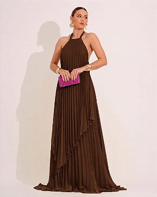 VESTIDO LONGO CHIFFON FRENTE ÚNICA PLISSADO SOBREPOSTO  MARRON