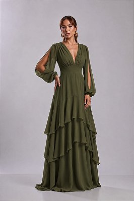 VESTIDO LONGO CREPE DE SEDA MANGA LONGA COM FENDA SAIA COM CAMADAS VERDE OLIVA