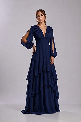 VESTIDO LONGO CREPE DE SEDA MANGA LONGA COM FENDA SAIA COM CAMADAS AZUL MARINHO