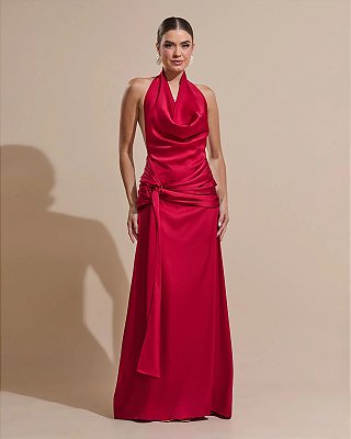 VESTIDO LONGO SEDA GOLA BOBA DETALHE CINTURA MARSALA