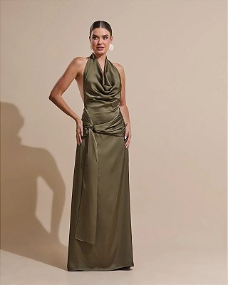 VESTIDO LONGO SEDA GOLA BOBA DETALHE CINTURA VERDE OLIVA