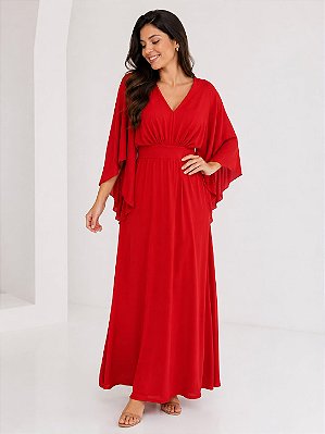 VESTIDO LONGO JERSEY MANGA CAPA VERMELHO