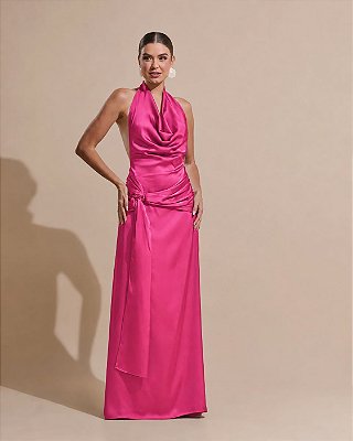 VESTIDO LONGO SEDA GOLA BOBA DETALHE CINTURA PINK