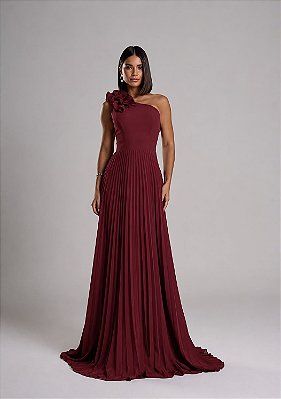 VESTIDO LONGO PLISSADO UM OMBRO SÓ APLICAÇÃO FLORAL EM RELEVO MARSALA