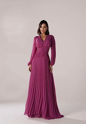 VESTIDO LONGO CREPE DE SEDA MANGA LONGA DECOTE V PALA LARGA DRAPEADA FÚCSIA
