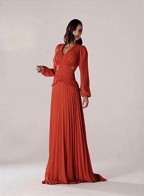 VESTIDO LONGO CREPE DE SEDA MANGA LONGA DECOTE V PALA LARGA DRAPEADA TERRACOTA