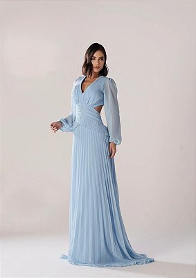 VESTIDO LONGO CREPE DE SEDA MANGA LONGA DECOTE V PALA LARGA DRAPEADA AZUL SERENITY