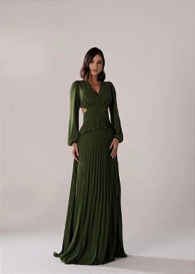 VESTIDO LONGO CREPE DE SEDA MANGA LONGA DECOTE V PALA LARGA DRAPEADA VERDE OLIVA