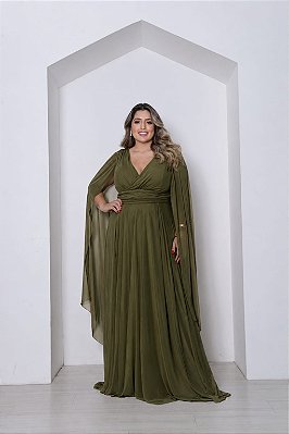 VESTIDO LONGO MICROTULE MANGA CAPA DECOTE TRANSPASSADO ACINTURADO VERDE OLIVA