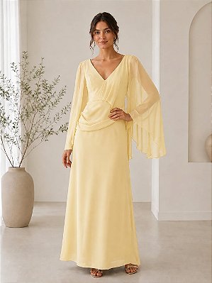 VESTIDO LONGO PRADA COM ELASTANO MANGA LONGA CAPA ESQUERDA DETALHE CINTURA  AMARELO MANTEIGA