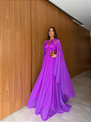 VESTIDO LONGO MICROTULE COM CAPA GOLA DETALHE COLAR ROXO