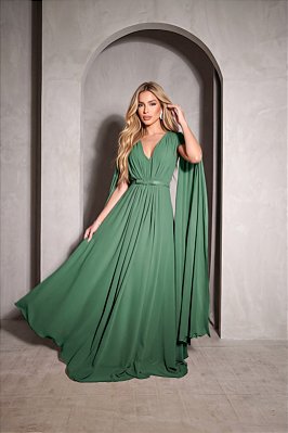 VESTIDO LONGO CHIFFON MANGA LONGA LEVEMENTE DRAPEADO CINTO SOLTO VERDE OLIVA