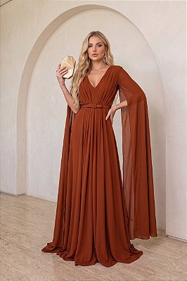 VESTIDO LONGO CHIFFON MANGA LONGA LEVEMENTE DRAPEADO CINTO SOLTO TERRACOTA