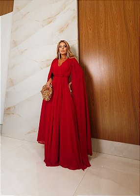 VESTIDO LONGO CHIFFON MANGA LONGA LEVEMENTE DRAPEADO CINTO SOLTO VERMELHO