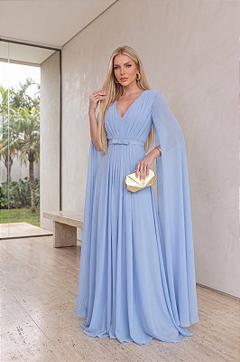 VESTIDO LONGO CHIFFON MANGA LONGA LEVEMENTE DRAPEADO CINTO SOLTO AZUL SERENITY