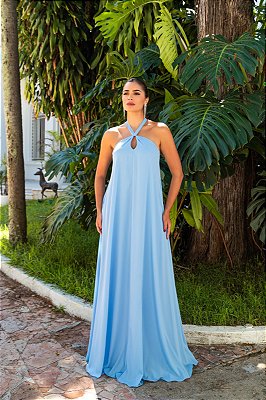 VESTIDO LONGO CHIFFON GOLA ALTA COM FITA  AZUL SERENITY
