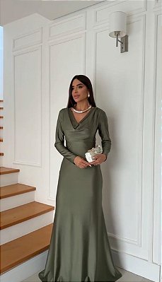 VESTIDO LONGO JERSEY MANGA LONGA DECOTE DRAPEADO AMARRAÇAO E DETALHE COSTAS VERDE OLIVA