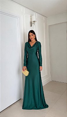 VESTIDO LONGO JERSEY MANGA LONGA DECOTE DRAPEADO AMARRAÇAO E DETALHE COSTAS VERDE ESMERALDA