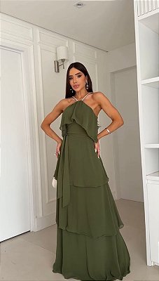VESTIDO LONGO CHIFFON ALÇA BRILHO CAMADAS FRENTE VERDE OLIVA