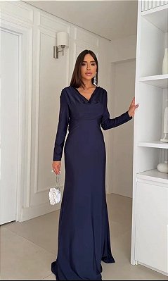 VESTIDO LONGO JERSEY MANGA LONGA DECOTE DRAPEADO AMARRAÇAO E DETALHE COSTAS AZUL MARINHO