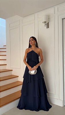 VESTIDO LONGO CHIFFON ALÇA BRILHO CAMADAS FRENTE AZUL MARINHO