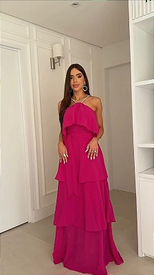 VESTIDO LONGO CHIFFON ALÇA BRILHO CAMADAS FRENTE PINK