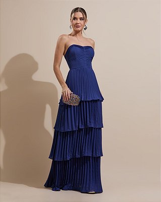 VESTIDO LONGO CHIFFON TOMARA QUE CAIA PLISSADO BUSTO E COMPRIMENTO AZUL ROYAL