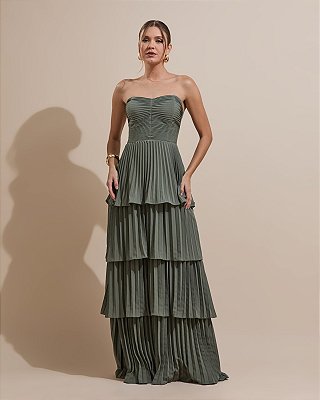 VESTIDO LONGO CHIFFON TOMARA QUE CAIA PLISSADO BUSTO E COMPRIMENTO VERDE OLIVA